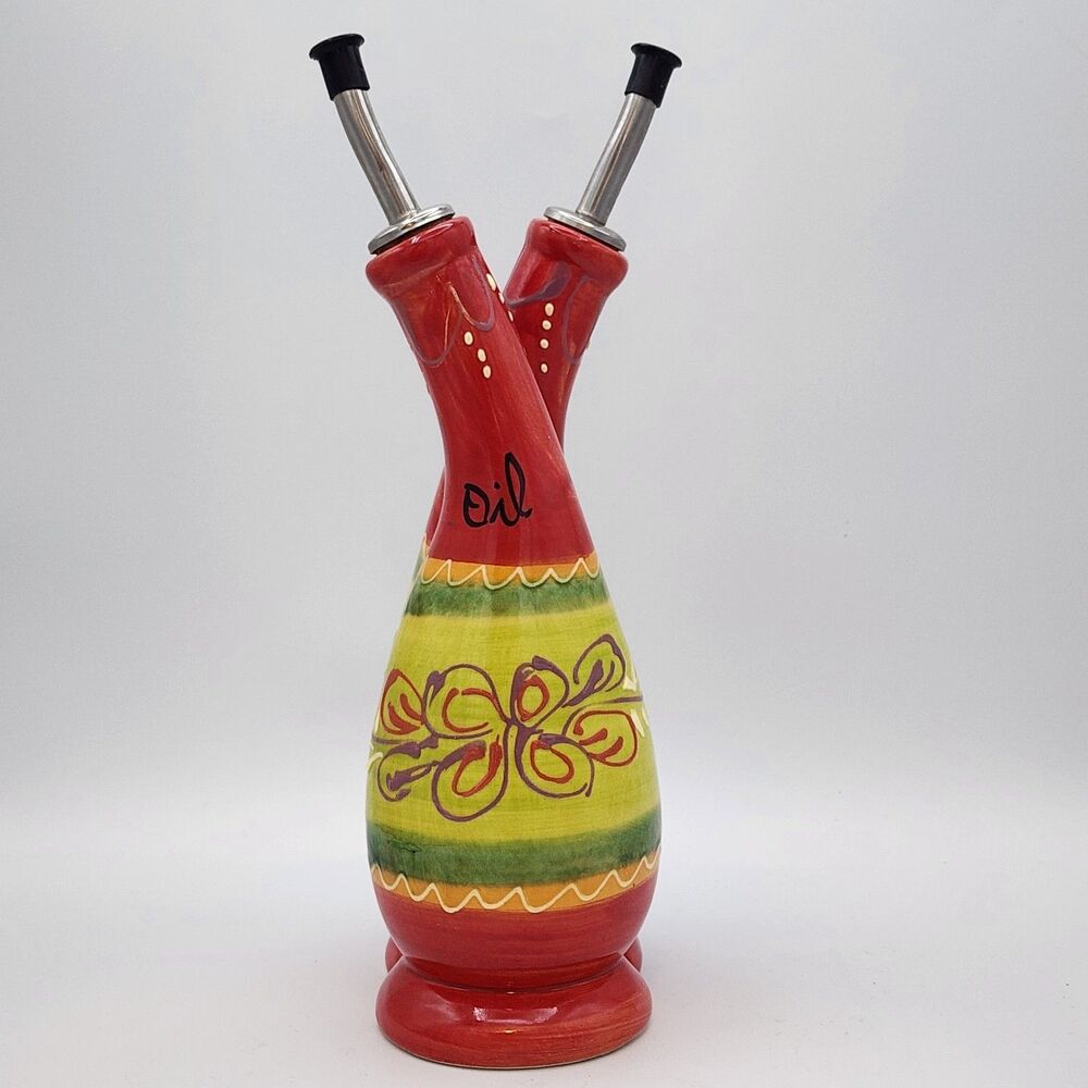 Hand-Painted Red and Yellow Ceramic Double Oil Pourer